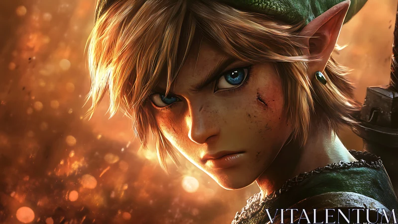 Rendered close-up depicts elf-eared warrior in warm light