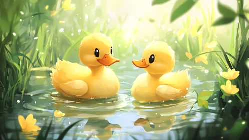 Sunlit ducklings drifting through a tranquil flowered pond.
