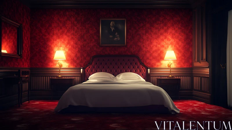 Velvet red hotel bedroom glowing with quiet evening light.