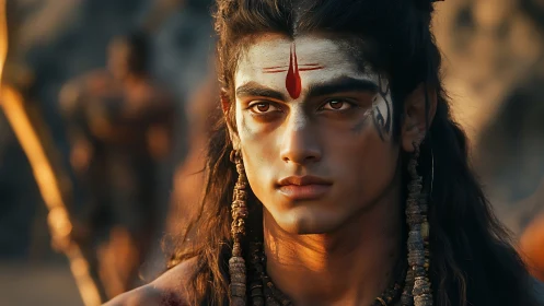 Sunlit warrior’s calm gaze with sacred paint and beads.