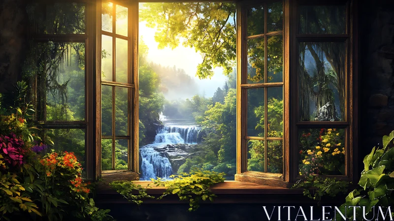 Sunlit forest waterfall viewed through open window.