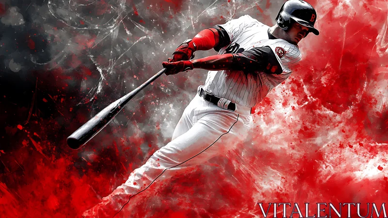 Baseball hitter swings bat amid red and gray abstract smoke