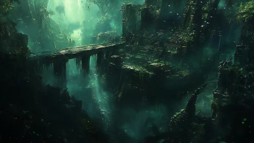 Submerged jungle megastructure with misted stone causeway