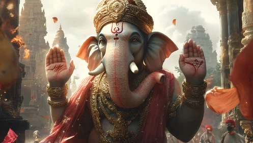 Digital Ganesha deity blessing gesture in ornate temple courtyard.
