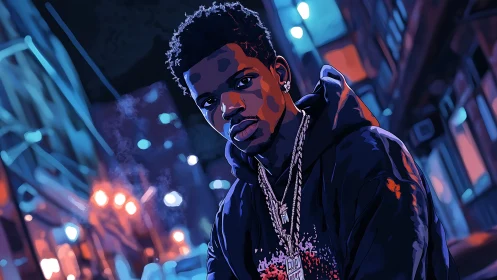 Man in stylized neon city street portrait at night gazes forward