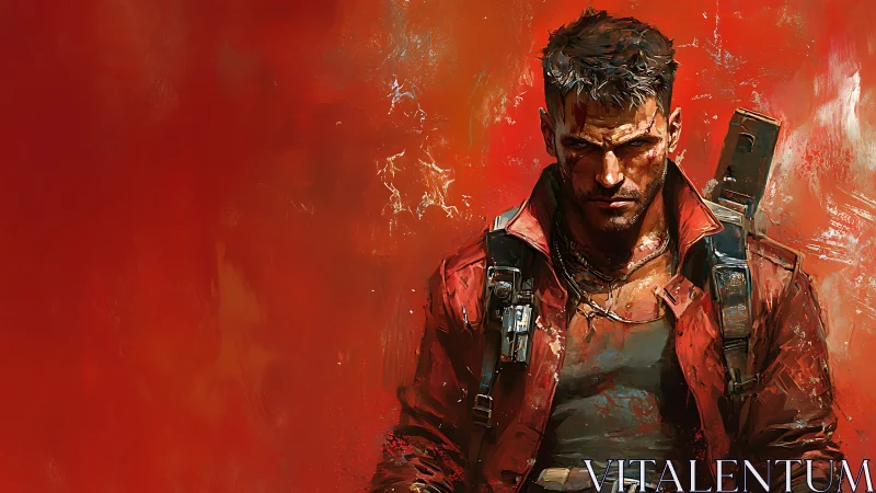 Battle-hardened soldier stands defiant in blazing red heat