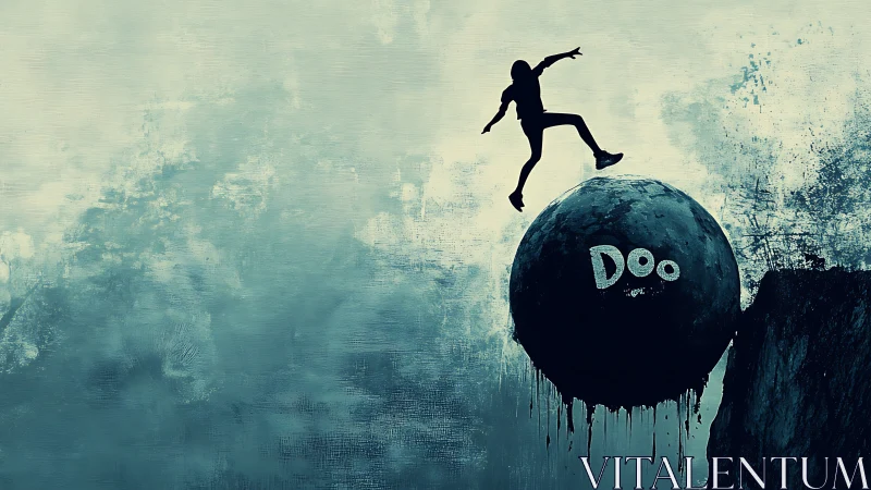 Silhouette figure leaps from dripping sphere over abstract cliff edge