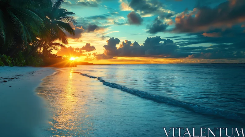 Tropical shoreline at sunset rendered in vivid photoreal light