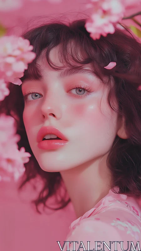 Blossom-kissed portrait in luminous soft pink palette.