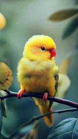 Yellow parrot-like bird on branch in shallow depth field.