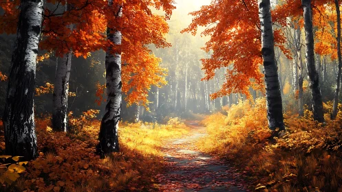 Autumn Forest Path with Birch Trees and Golden Foliage.
