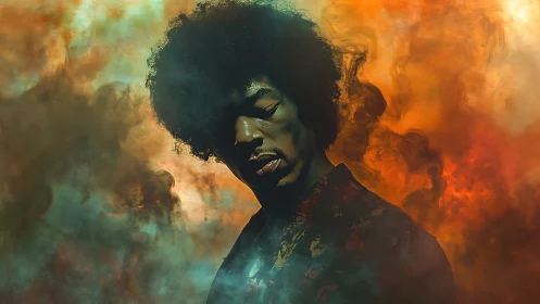 Smoke-kissed portrait drifts between ember light and teal haze