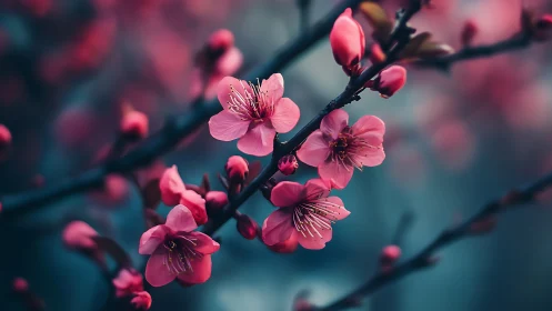 Pink cherry blossoms on dark branch spring bloom detail.