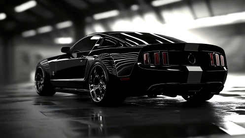 Glossy black muscle car under dramatic studio backlighting.