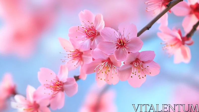 Pink peach blossoms with stamen detail, shallow depth of field composition.