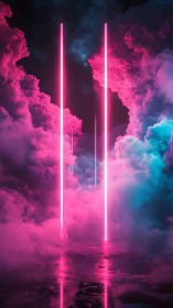 Neon pink light pillars cutting through dense glowing clouds.