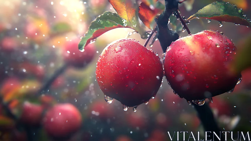 Red apples on tree branch in rain with water droplets.