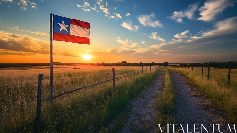 Lone star flag leans into sunset over a glowing ranch road