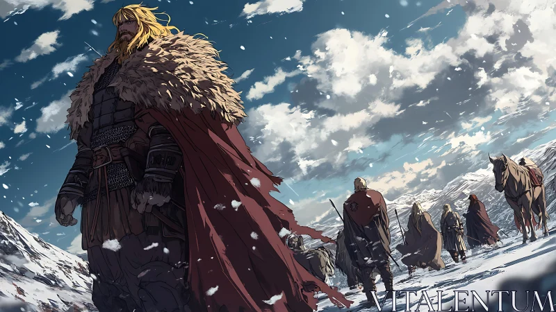 Viking warband trudges through vast frozen mountain pass.