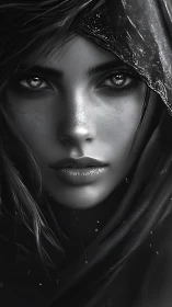 Monochrome close portrait of hooded woman with intense gaze.