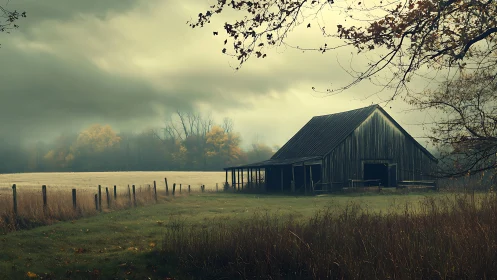 Weathered rural barn beside autumn field under foggy sky.