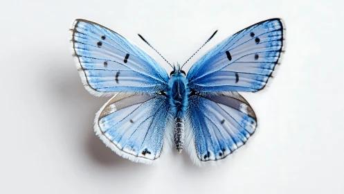 Blue butterfly specimen is displayed against a plain background