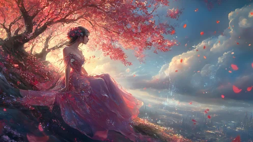 Backlit floral maiden observes luminous valley under drifting petals