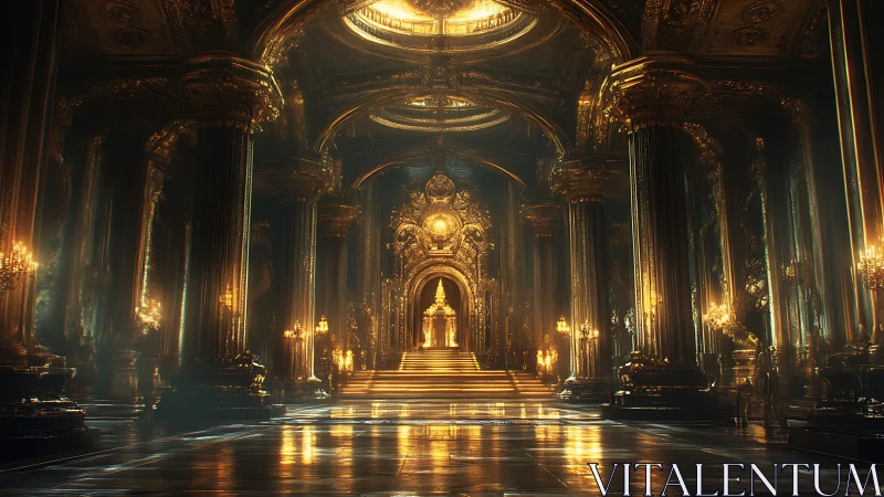 Grand baroque throne hall illuminated by volumetric golden light