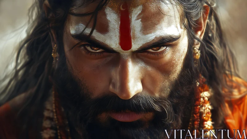 Intense holy man portrait with vivid tilak and gaze