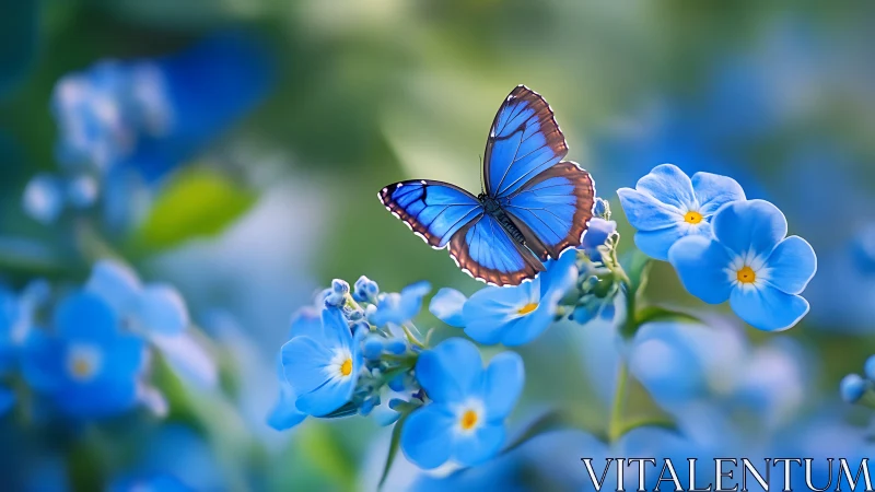 Blue butterfly drifts above forget me not blooms in hush.
