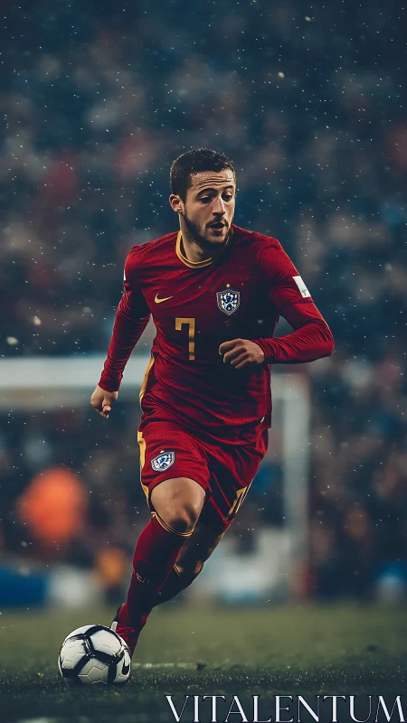 Rain-slick midfield maestro chasing glory under stadium haze.