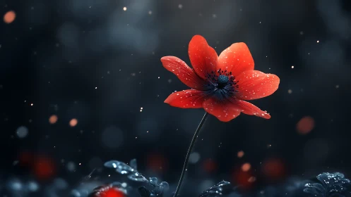 Red Poppy With Rain Droplets Against Dark Bokeh.