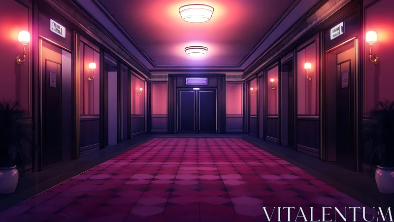 Quiet hotel corridor with warm neon lighting at night.