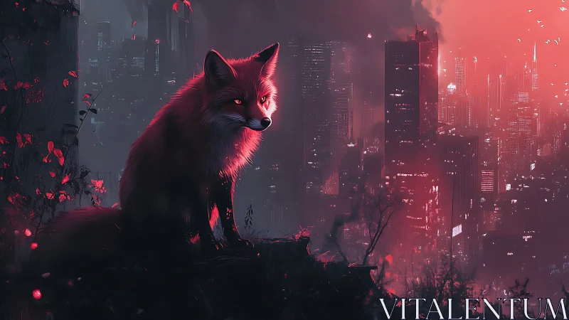 Crimson-lit fox overlooks neon city in posturban twilight.