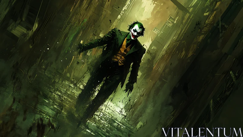 Grinning chaos walker sliding through a dripping neon alleyway.