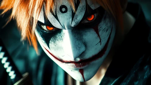 Demon-eyed swordsman grins beneath hollow warpaint mask.