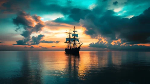 Digital seascape with silhouetted tall ship at neon dusk.