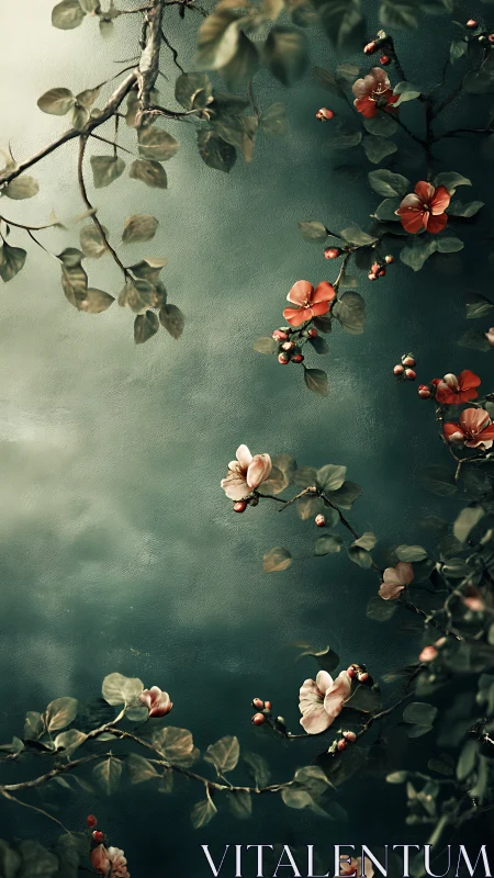 Botanical Study with Coral Flowers on Teal.