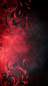 Crimson floral swirls ignite against textured dark ground.