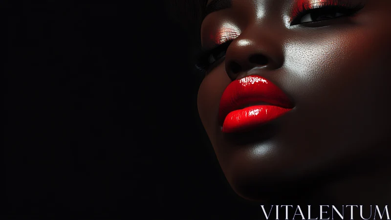 Velvet shadow portrait with bold red lips and quiet glow.