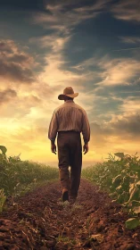 Sunset strides carry the lone farmer down his living corridor