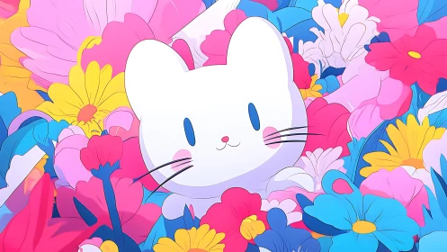 Playful white cat nestled in neon pastel flower field.