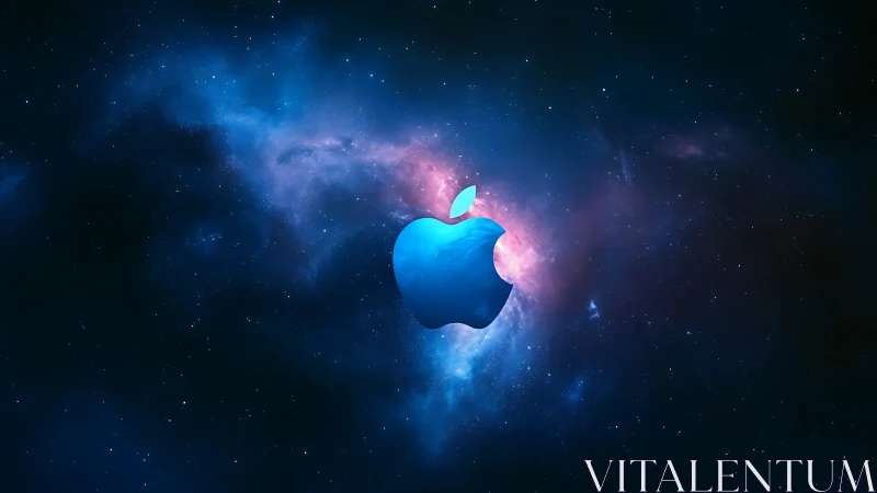 Glowing apple emblem floats in a deep cosmic nebula sky