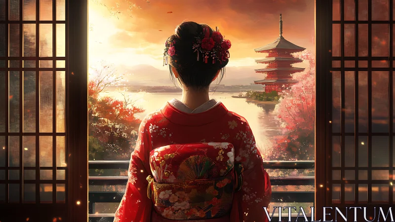 Gentle sunset welcomes a kimono woman at a serene pagoda