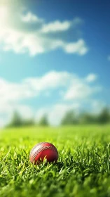 Cricket ball waits in sunlit grass beneath drifting clouds