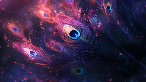 Vivid peacock feathers in neon purple and blue light.