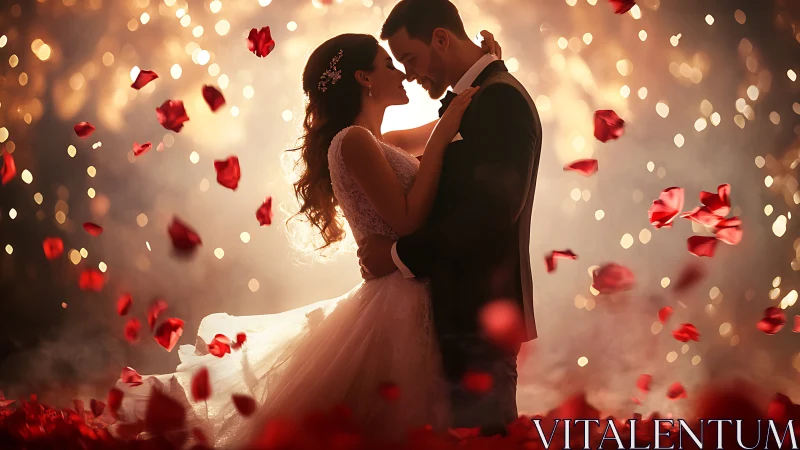 Bride and groom embrace amidst falling red rose petals.