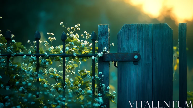 Garden gate stands in dreamy teal light at soft sunrise