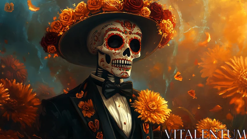 Elegantly dressed sugar skull figure stands amid marigolds