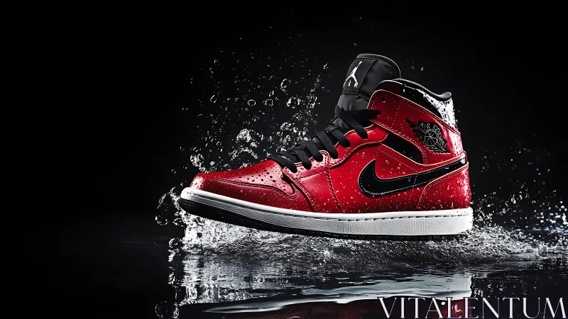 Bold red sneaker splashing to life in dramatic water play.
